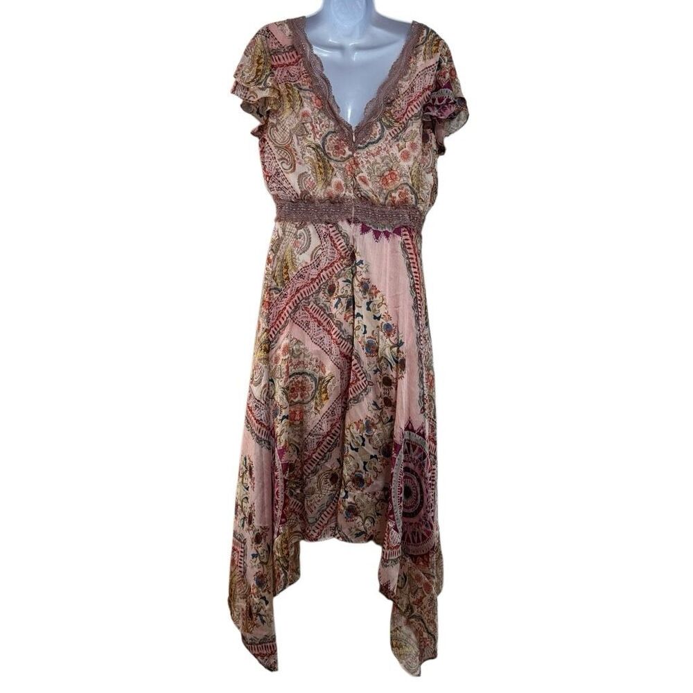 Guess Blush Pink Paisley Floral Lace Trim Handkerchief Hem Midi Boho Dress L - Picture 4 of 8